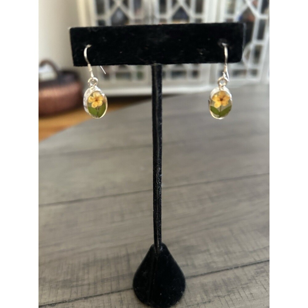 Vintage Sterling Silver Oval Dangle Earrings With Floral Insert